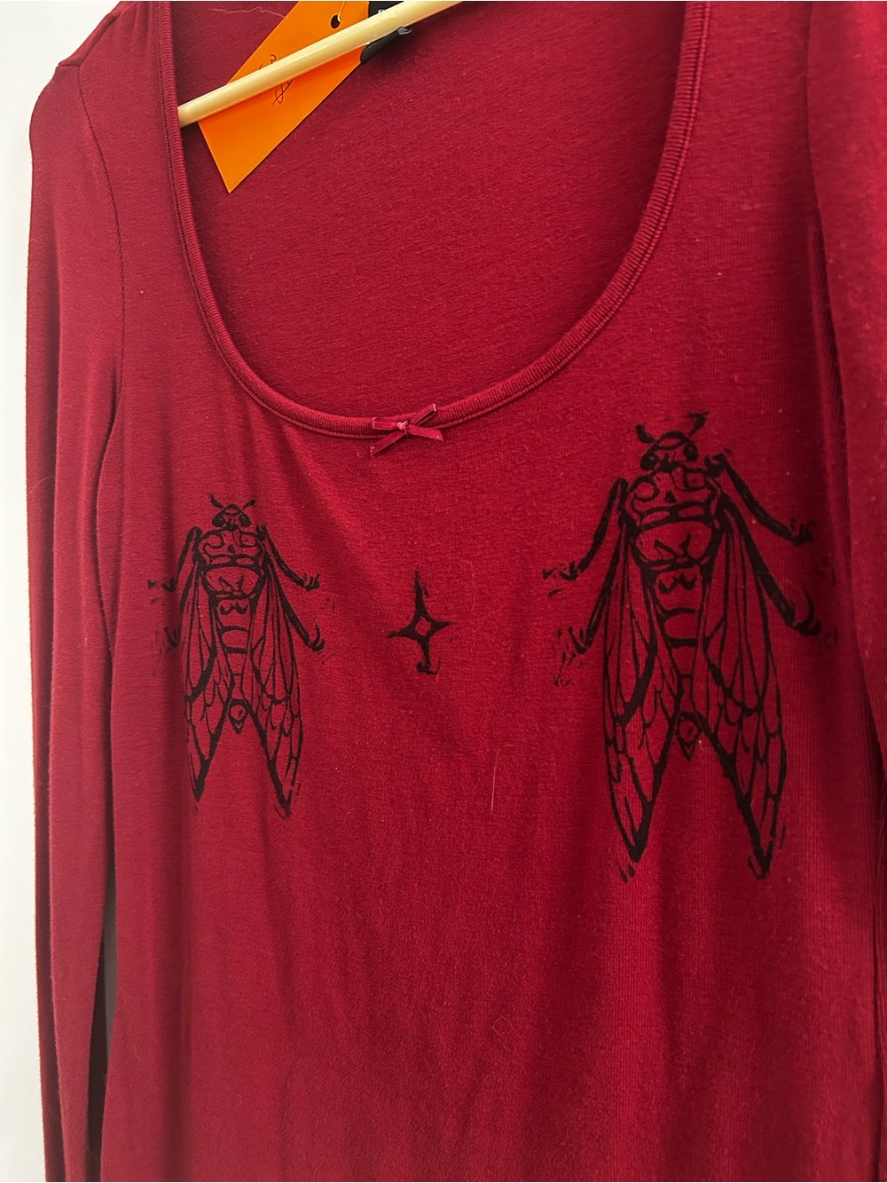 Handmade Women's Long Sleeve Scoop Neck Top with Cicada Print - Red